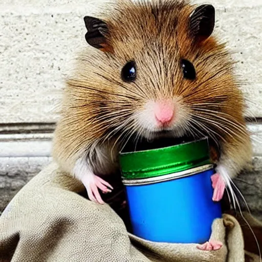 Image similar to “ hamster dressed as a homeless person sitting at an intersection with arms stretched out holding a tin can ”