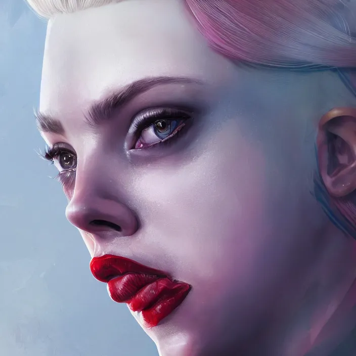 Image similar to portrait of scarlett johansson as a harley quinn. intricate abstract. intricate artwork. by Tooth Wu, wlop, beeple, dan mumford. octane render, trending on artstation, greg rutkowski very coherent symmetrical artwork. cinematic, hyper realism, high detail, octane render, 8k, iridescent accents