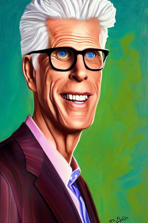 Image similar to a painting of ted danson in the good place, art by diego fazio