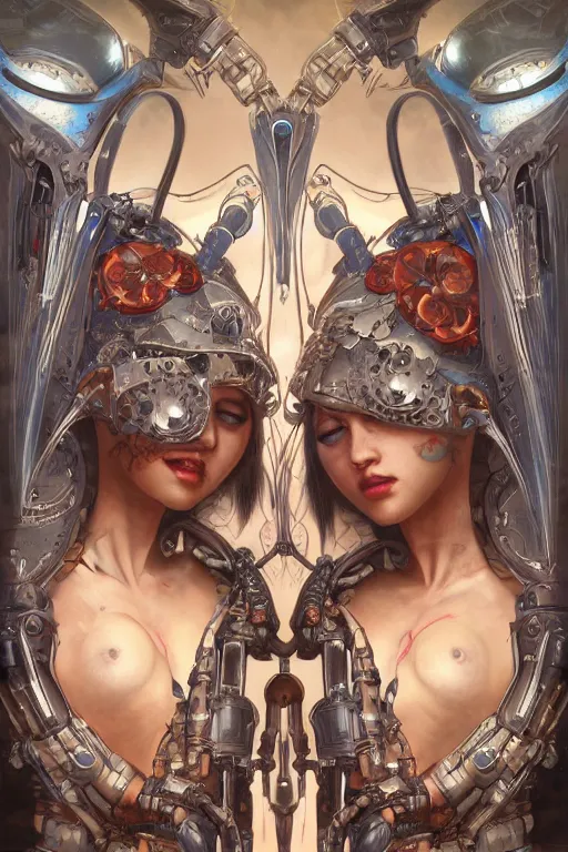 Image similar to twin Alien Robot concubines, facial tattoos, artists portrait, biomechanical, oppai, fantasy, highly detailed, photograph, concept art, sharp focus, depth of field blur, Mandelbrot fractal, art by artgerm and greg rutkowski and alphonse mucha and trevor brown, octane render