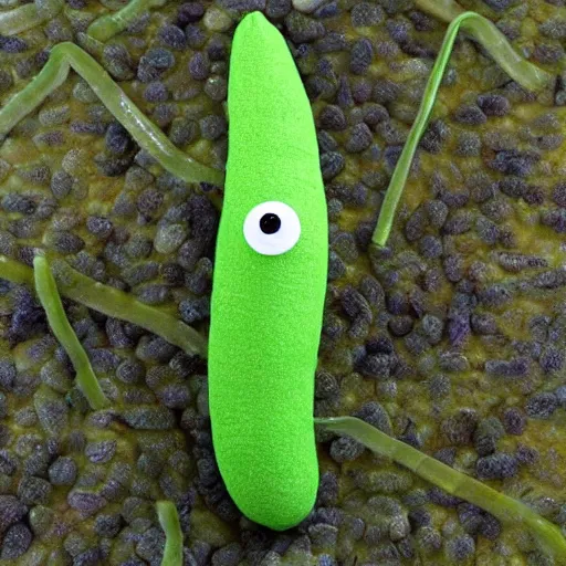 Image similar to long green Sausage with eyes and fangs and with scales