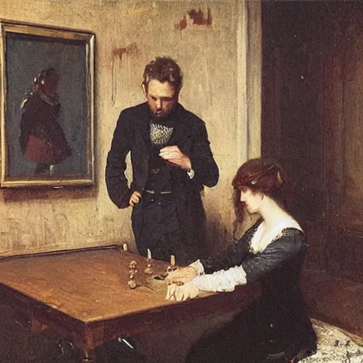 Image similar to a young man and a young woman solving an escape room puzzle, mysterious markings on the wall, by alfred stevens