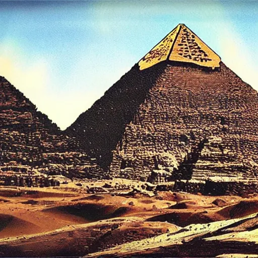 Image similar to aliens building the pyramids, old painting