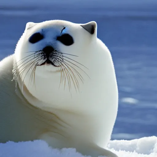 Prompt: photo of a harp seal with the face of a cat