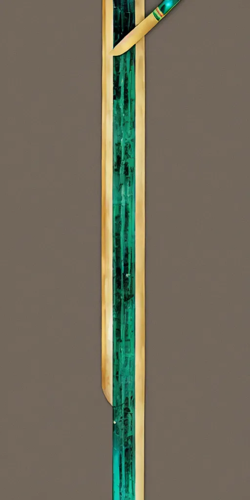Prompt: photograph of a large wide green and teal crystal sword with a gold sword hilt