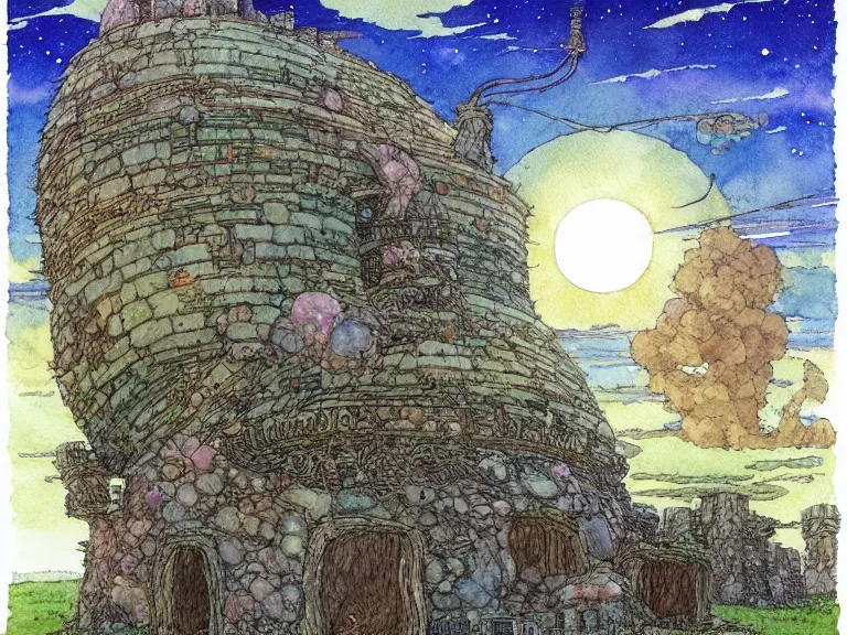 Image similar to hyperrealist studio ghibli watercolor fantasy concept art of an immense earthship solar home from howl's moving castle sitting on stonehenge like a stool. it is a misty starry night. by rebecca guay, michael kaluta, charles vess