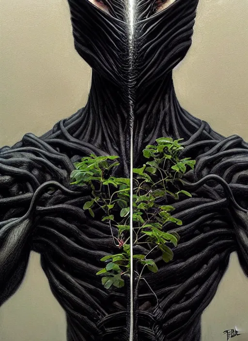 Image similar to an black suit with a flowery shrub growing out of the neck hole instead of a head, intricate, highly detailed, concept art, hyperrealistic, oil painting by greg staples, 8 k