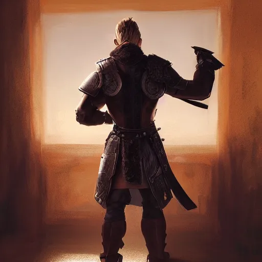 Prompt: rear side portrait of a muscular, ponytail haired blonde man with only left arm armored, wearing a thick brown leather coat, looking to his left, DnD, fantasy, dramatic lighting, digital art by Ruan Jia, Donglu Yu
