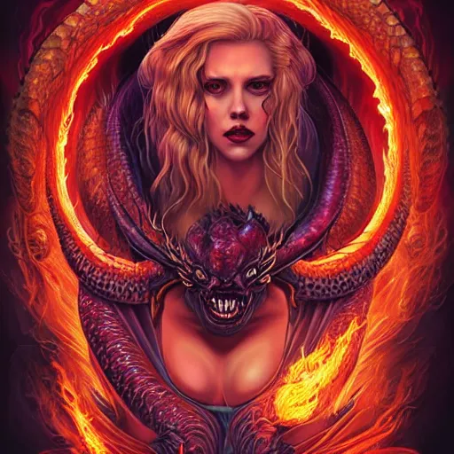 Prompt: ghotic demonic female demon satan hell portrait of scarlett johansson as queen of hell and queen of dragons, fire and flame, big long hell serpent dragon, octopus, Pixar style, by Tristan Eaton Stanley Artgerm and Tom Bagshaw.