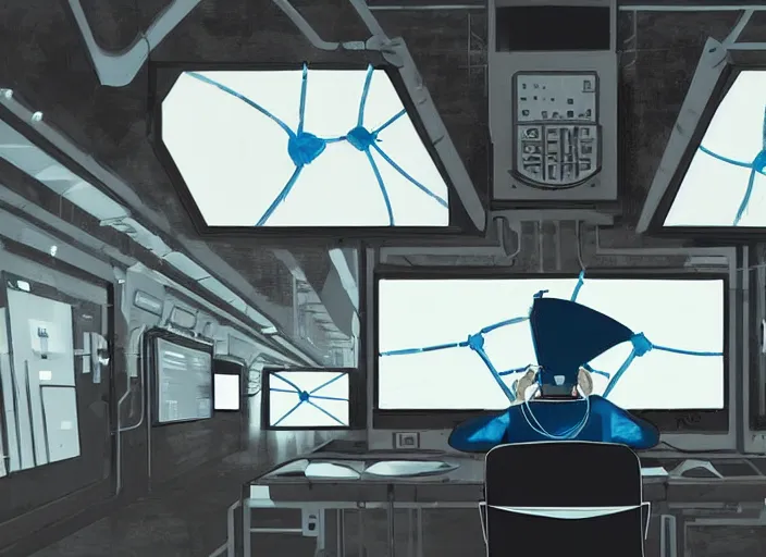 Prompt: a man sitting on a chair with things attached to his head, screens and monitors in front of him playing videos, ship interior, narrow hallway, scifi colors, dramatic lighting, dark, spotlight, surreal, by rutkowski, fuji choko, hoang lap