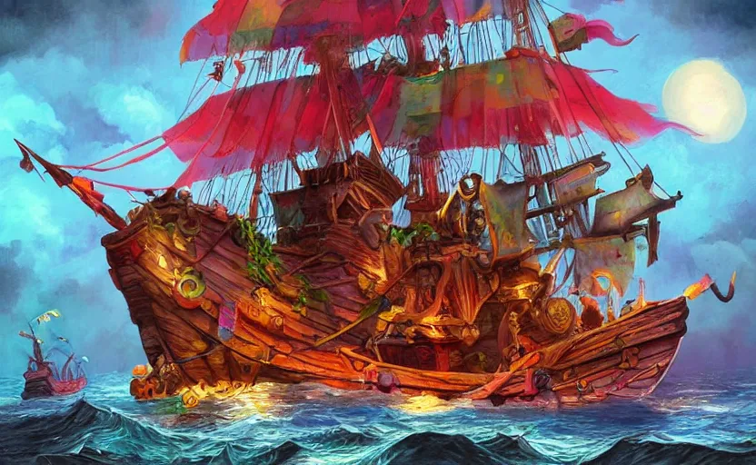 Prompt: pirate ship, storybook, colorful, lush, artstation, print