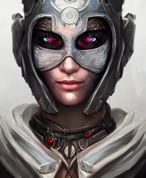 Image similar to portrait of a cyberpunk masked warrior, half body, glowin eyes, d & d, fantasy, intricate, elegant, highly detailed, digital painting, artstation, concept art, art by artgerm