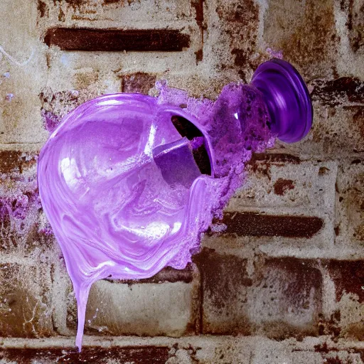 Prompt: photo of purple translucent slime coming out of a silver faucet, brick wall, 50mm, beautiful photo