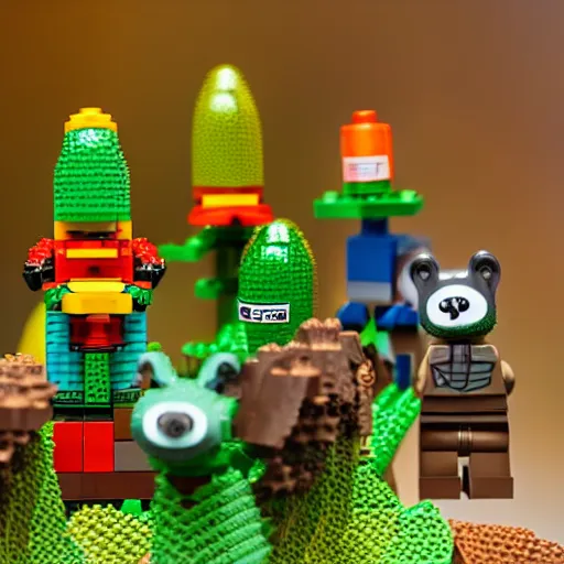 Prompt: lego mini build of forest creatures that live in the imagination forest, product photography, depth of field, cute looking, sharp focus, moebius, character sheet, game concept art