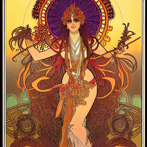 Image similar to hindu goddess of firespinning, by alphonse mucha, burning man, intricate