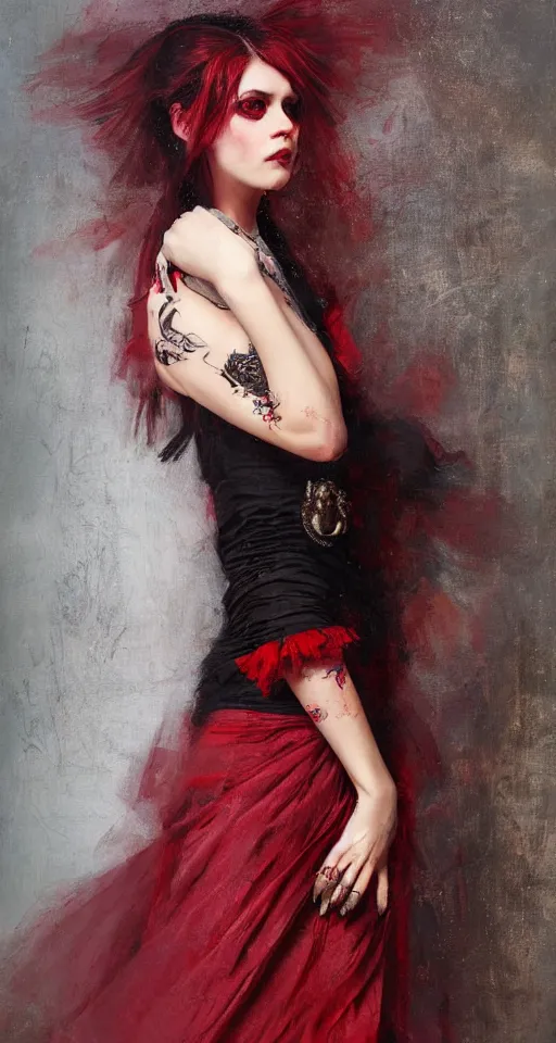 Prompt: one person only. One head only. Long flowing dress. Solomon Joseph Solomon and Richard Schmid and Jeremy Lipking victorian genre painting portrait painting of a young beautiful woman punk rock goth with punk rock haircut in fantasy costume, red background