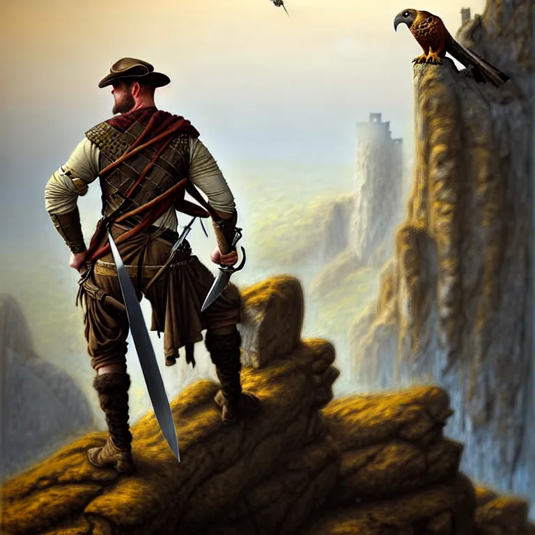 Image similar to middle age ranger with rugged expressions falcon pet on his shoulder holding a long sword, top a cliff observing old ruins of a castle, elegant clothing, photorealistic render, matte painting, highly detailed, artstation, smooth, sharp focus, art by michael whelan, artgerm, greg rutkowski