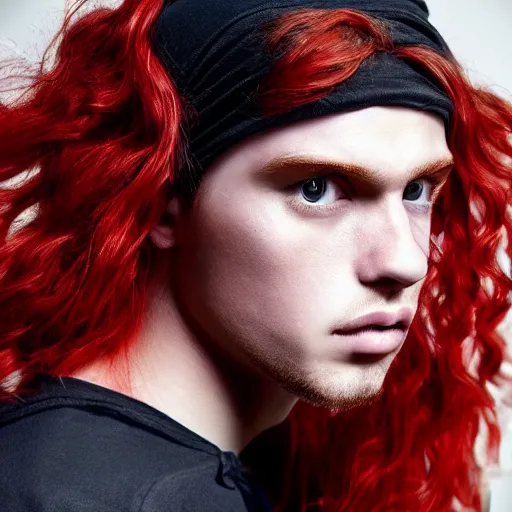 Image similar to professional digital art of a fashionable young man with long red hair and a black sweatband, high quality, highly detailed, HD, 8K