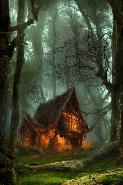 Image similar to the wooden house of a ancient witch in an ancient old forrest, eeire mood, lush vegetation, Dynamic lighting, cinematic, establishing shot, extremely high detail, photo realistic, cinematic lighting, , post processed denoised, concept design, concept art, artstation, matte painting, midjourney, style by alex ross, raphael lacoste, eddie mendoza