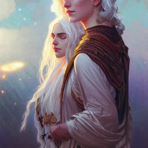 Image similar to God with goddess, white hair, long hair, gorgeous, amazing, intricate, highly detailed, digital painting, artstation, concept art, sharp focus, illustration, art by greg rutkowski and alphonse mucha