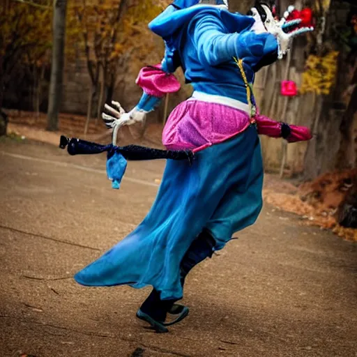 Prompt: photo of scary female jester chasing you