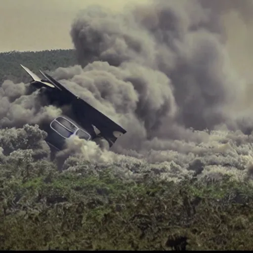 Prompt: still photo of the smoke monster from the television show called lost hovering above a crashed airplane. realistic, highly detailed, 8 k, cinematic