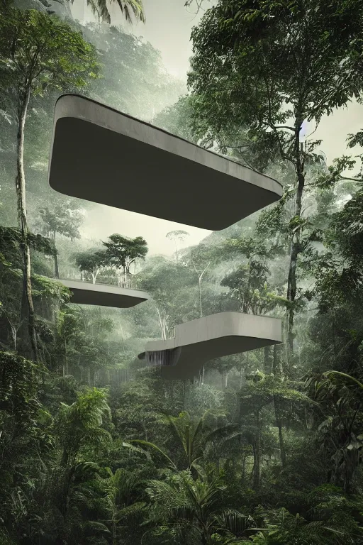 Prompt: architecture inspired by le corbusier in the rainforest. nature is taking over. upside down. metabolism. matte painting. octane render. hdr. volumetric lighting. global illumination. atmospheric.