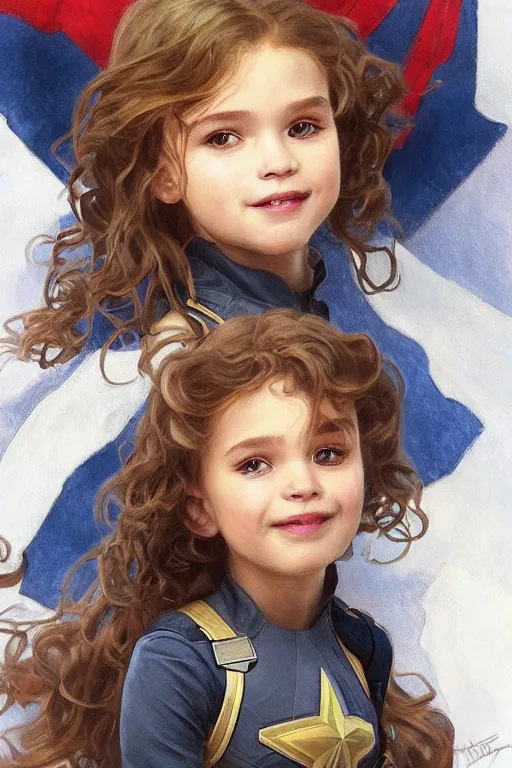 Image similar to a little girl with a michievous face and light brown curly wavy hair. she is dressed as captain america, spider - man, batman, captain marvel, a superhero. clean elegant painting, beautiful detailed face. by artgerm and greg rutkowski and alphonse mucha