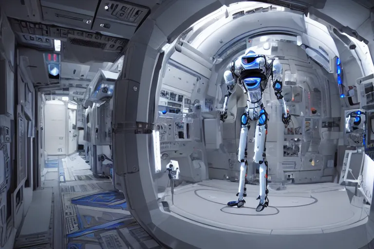 Prompt: a cinematic wide - angle photograph of an androgynoid robot in the launch bay on the inter - galactic spaceship, 8 k, beautiful lighting, high depth, ultra realistic, hyper - detailed, sci - fi movie style