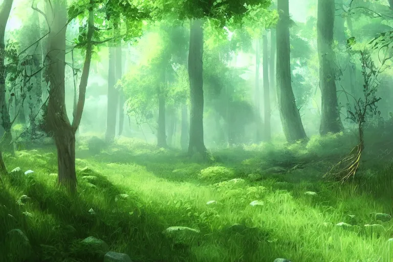 Image similar to lush green forest, concept art trending on artstation,