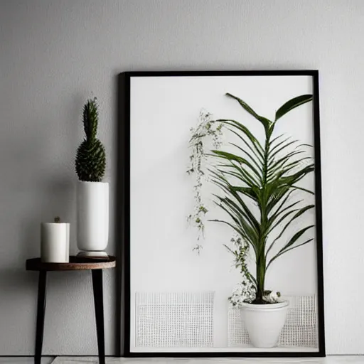 Image similar to a minimalist mockup photo with one large frame, in a white clear boho style floor, only white and beige colors, well lit, low contrast, trending on pinterest