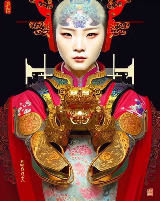 Image similar to portrait of a chinese cyberpunk machine, machine face, arms, upper half portrait, decorated with chinese opera motifs, regal, asian, fine china, wuxia, traditional chinese art intricate intense elegant 京 剧 highly detailed digital painting artstation concept art smooth sharp focus illustration, art by artgerm and greg rutkowski alphonse mucha 8 k