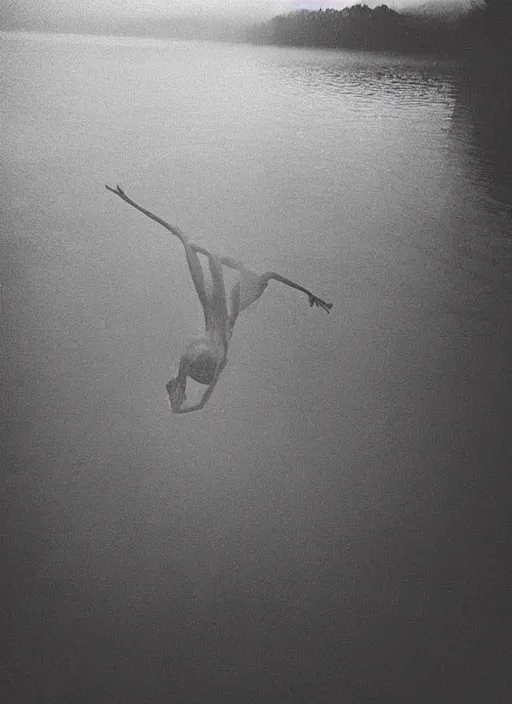 Image similar to “semitranslucent smiling frog vertically hovering over misty lake waters in crucifix pose, low angle, long cinematic shot by Andrei Tarkovsky, paranormal, eerie, mystical”