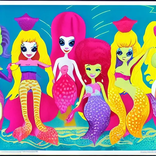 Image similar to kenner sea wees mermaids, glamour gals, mattel strawberry shortcake, dr snuggles cartoon, mushroom fantasy land, pastel rainbows, peter max yellow submarine style. professional poster. award winning.