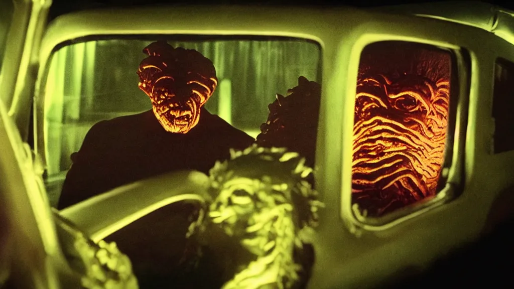 Image similar to the creature sits in a car, made of glowing wax, they stare at me, film still from the movie directed by denis villeneuve and david cronenberg with art direction by salvador dali, wide lens