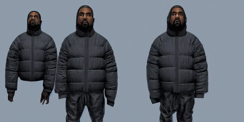 Image similar to kanye west wearing a full black face covering made from a cloth or fabric material, a small, tight and undersized reflective bright blue round puffer jacket made of nylon, reflective jeans pants made of nylon and big black balenciaga rubber boots in 3 d, blender, octane render, 3 d render, realistic, unreal engine, studio light, 4 k, 8 k