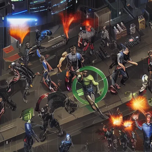 Image similar to the avengers fighting each other, highly detailed, high - res, cyberpunk aesthetic