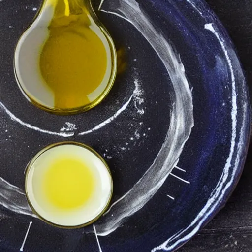 Image similar to olive oil and vinegar drizzled on a plate in the shape of the solar system