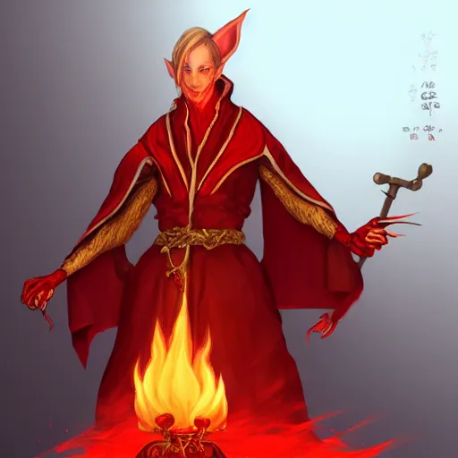 Image similar to Portrait of scarred elven fire mage in red and gold robe with flaming hands. In style of Hyung-tae Kim, concept art, trending on ArtStation, Korean MMORPG.