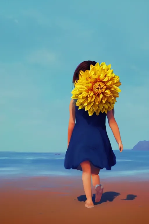 Image similar to closeup girl with huge yellow dahlia flower face, walking on beach, surreal photography, blue sky, sunrise, dramatic light, impressionist painting, digital painting, artstation, simon stalenhag