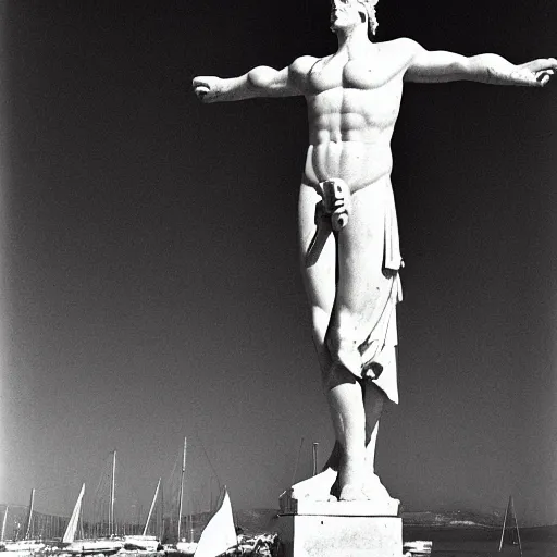 Prompt: the colossus of rhodes statue standing above the greek harbor with boats going through its legs black and white dali picture front view