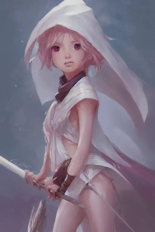 Image similar to 3 / 4 portrait of a cute white mage with a staff, soft, pink, artgerm and and greg rutkowski, trending on artstation