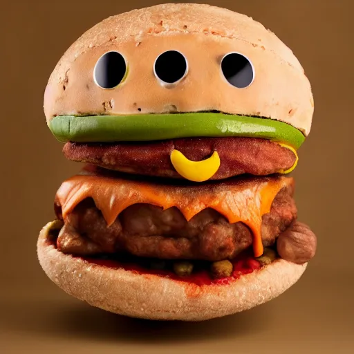 Image similar to a humanoid bipedal upright zombie that strongly resembles a hamburger, professional food photography