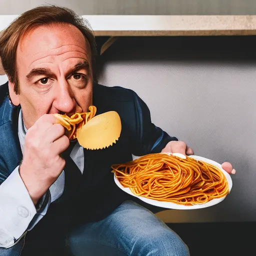 Image similar to saul goodman eating spaghetti, ( sony a 7 r iv, symmetric balance, polarizing filter, photolab, lightroom, 4 k, dolby vision, photography awardm, voque, perfect face )