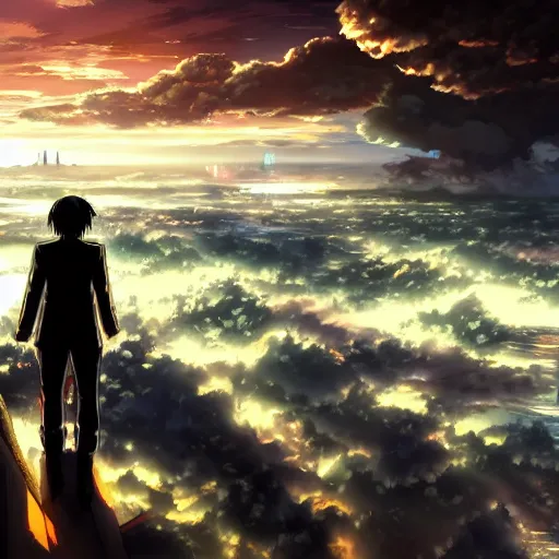 Prompt: a beautiful ultradetailed anime illustration of a titan from Attack on Titan standing menacingly over the city, up to bottom is clouds，sea，railway，by makoto shinkai，anime wallpaper 4k，prismatic