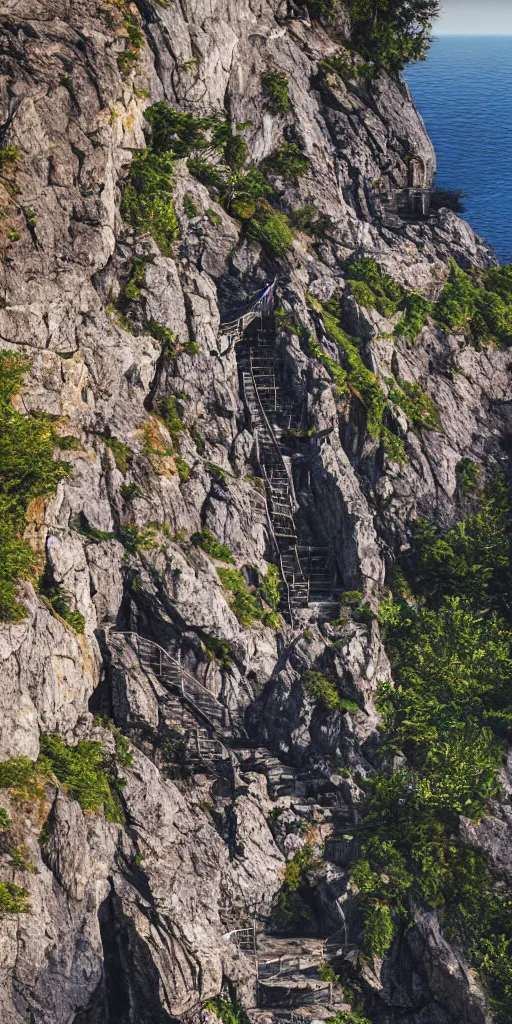 Image similar to kodak portra 4 0 0, photographic and realistic vast staircase carved into black rock cliff side, photorealistic, hyper detailed, 8 k, movie still, artstation, unreal engine,