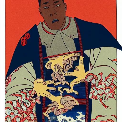 Prompt: Inspectah Deck rapping, portrait, style of ancient text, hokusai