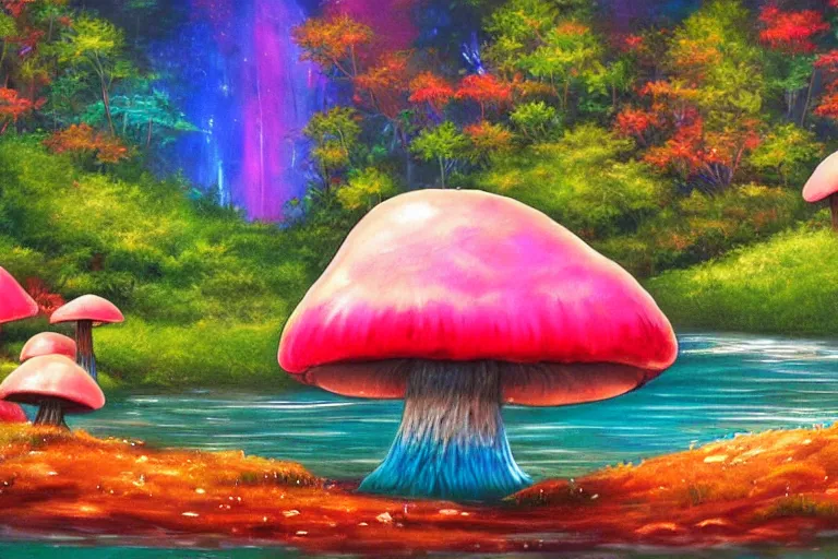 Prompt: a painting of giant mushrooms with next to a small bridge, flowing water, digital art, scenic, reds, purples, pink, reflections, blue lighting, glow's in side the mushrooms, complex background, chill,