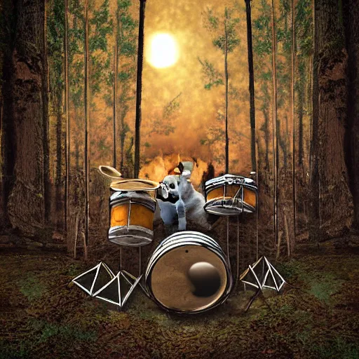 Image similar to mouse playing drums, fantasy forrest background, moonlight, digital art, detailed, medium shoot