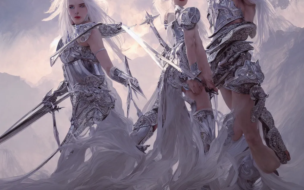 Prompt: white hair knights of zodiac girl, sliver ice color reflected armor, bushido fighting in ruined agora of athens sunrise, ssci - fi and fantasy, intricate and very very beautiful and elegant, highly detailed, digital painting, artstation, concept art, smooth and sharp focus, illustration, art by tian zi and wlop and alphonse mucha